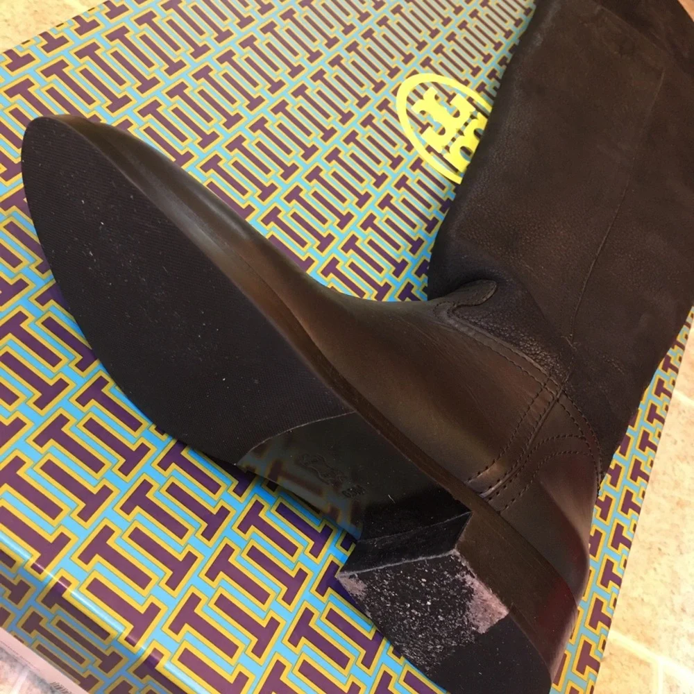 Tory Burch Black Over-The-Knee Leather Riding Boots with Embossed Logo